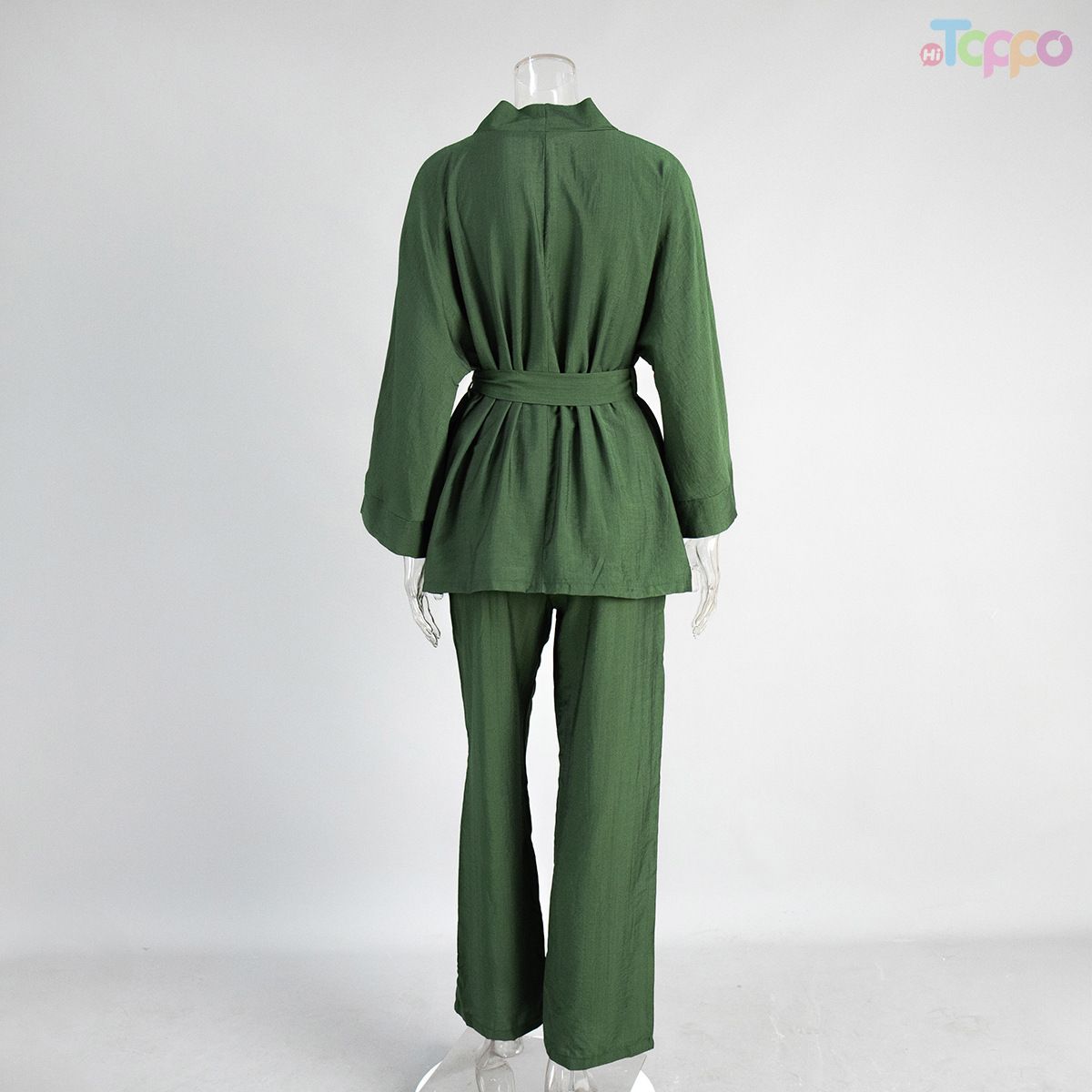 Women's Olive Green Wrap-Style Tie-Waist Wide-Leg Lounge Set