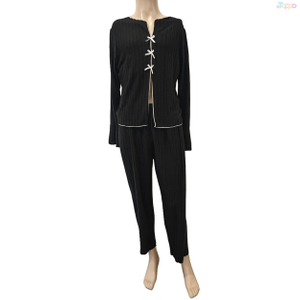 Black Ribbed Loungewear Set with White Bow Accents