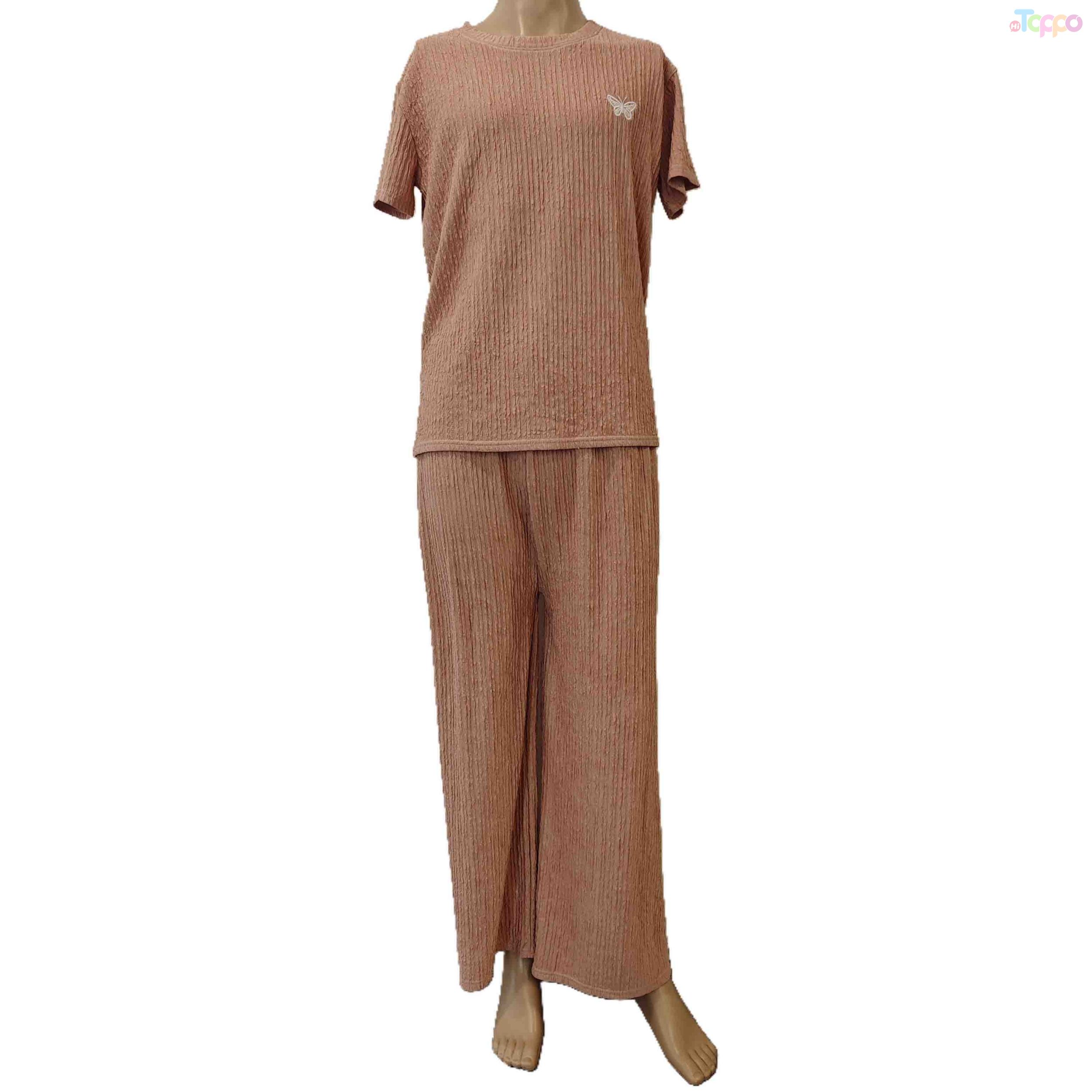 Blush Pink Ribbed Loungewear Set with Butterfly Accent