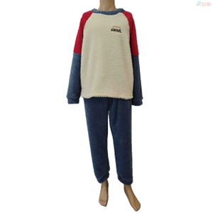 Women's Color-Block ANGEL Embroidered Plush Long-Sleeve Pajama Set