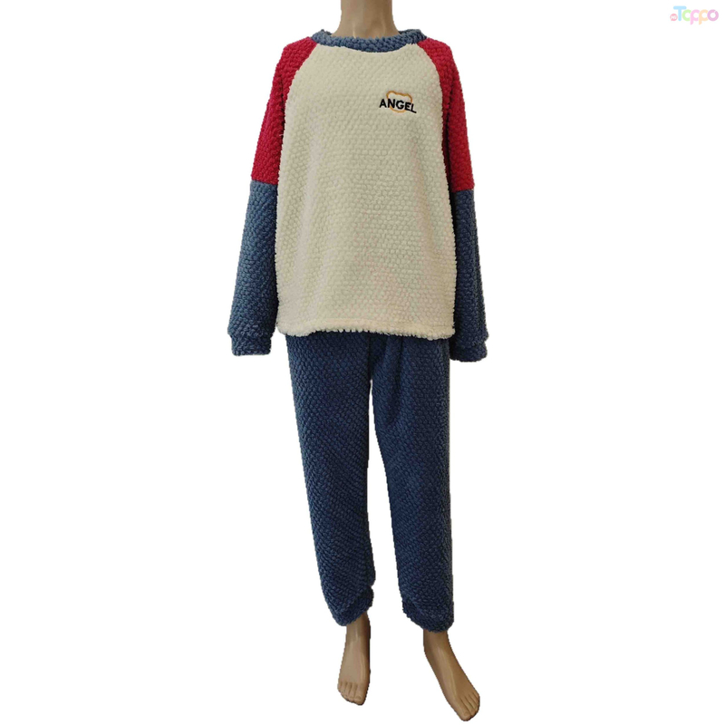 Women's Color-Block ANGEL Embroidered Plush Long-Sleeve Pajama Set