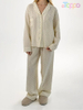 Soft Tan Polka Dot Quilted Collared Long-Sleeve Pajama Set