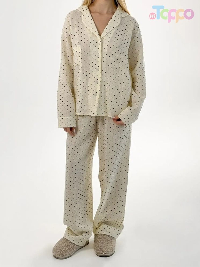 Soft Tan Polka Dot Quilted Collared Long-Sleeve Pajama Set