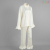 Satin Ruffled Collar Long-Sleeve Pajama Set - Elegant Cream Loungewear