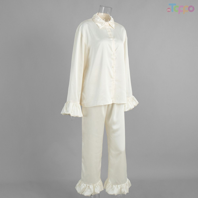 Satin Ruffled Collar Long-Sleeve Pajama Set - Elegant Cream Loungewear