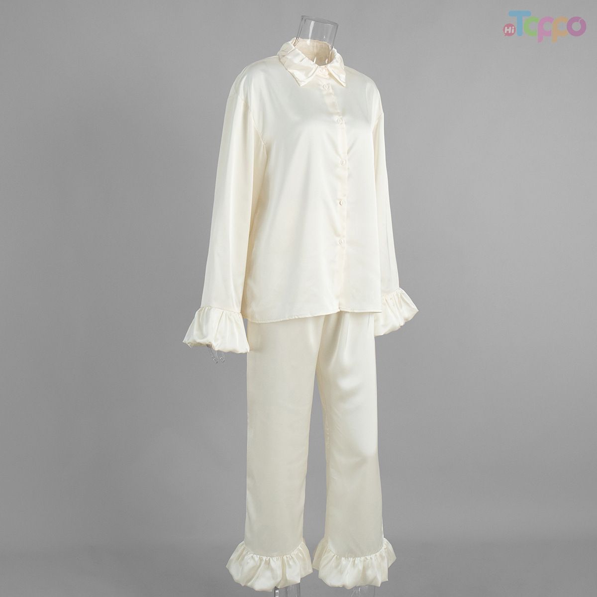 Satin Ruffled Collar Long-Sleeve Pajama Set - Elegant Cream Loungewear