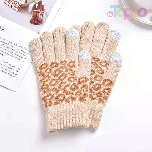 Acrylic Knitted Touch Screen Texting Gloves Fashion Leopard Jacquard Warm Winter Gloves