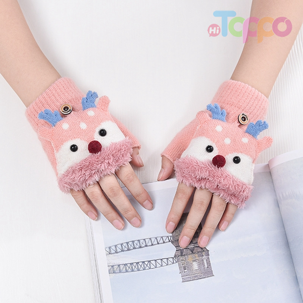 Knit Winter Thick Cute Cartoon Warm Children's Flip Gloves Beijirong Lining Fingerless Gloves