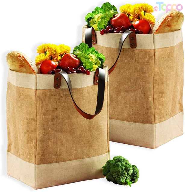 Tote Burlap Grocery Bags with Faux Leather Strap Interior Pocket And Plastic Waterproof