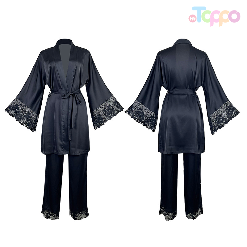 Women's Satin Robe & Pants Set with Lace Trim Loungewear