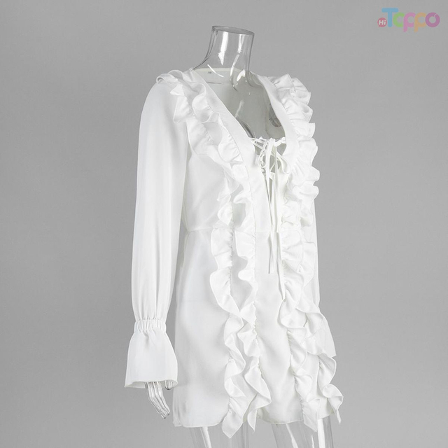 Elegant White Ruffle Trim Lace-Up Bell-Sleeve Mini Dress