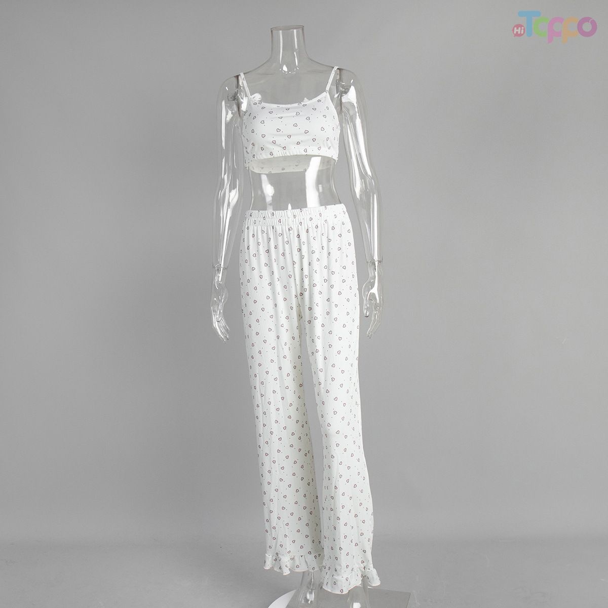 White Heart Print 3-Piece Cardigan & Wide-Leg Lounge Set