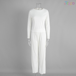 Women's White Ribbed Long-Sleeve Top & Cropped Pants Loungewear Set