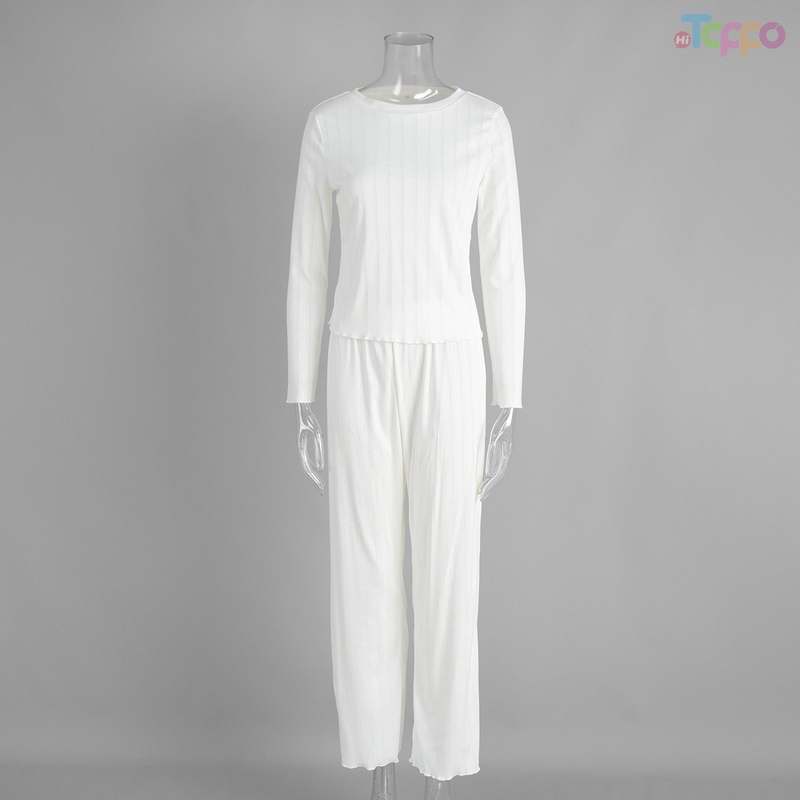 Women's White Ribbed Long-Sleeve Top & Cropped Pants Loungewear Set