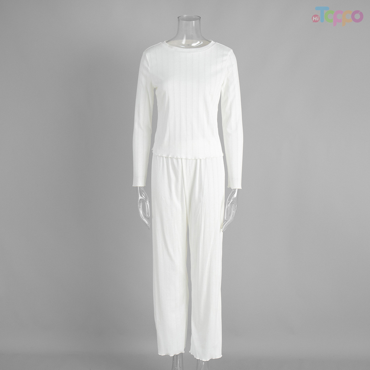 Women's White Ribbed Long-Sleeve Top & Cropped Pants Loungewear Set