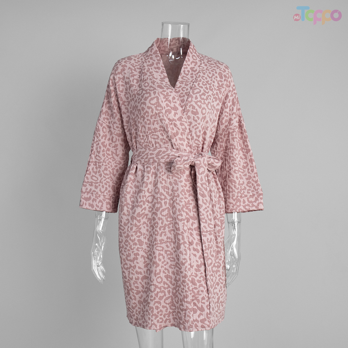 Women's Pink Leopard Print Self-Tie Waist Quilted Robe