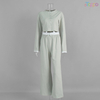 Light Gray Cropped Button-Front Contrast Trim Wide-Leg Two-Piece Set
