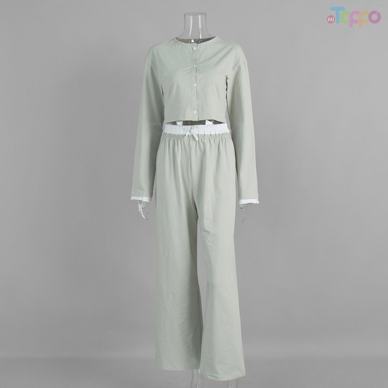 Light Gray Cropped Button-Front Contrast Trim Wide-Leg Two-Piece Set