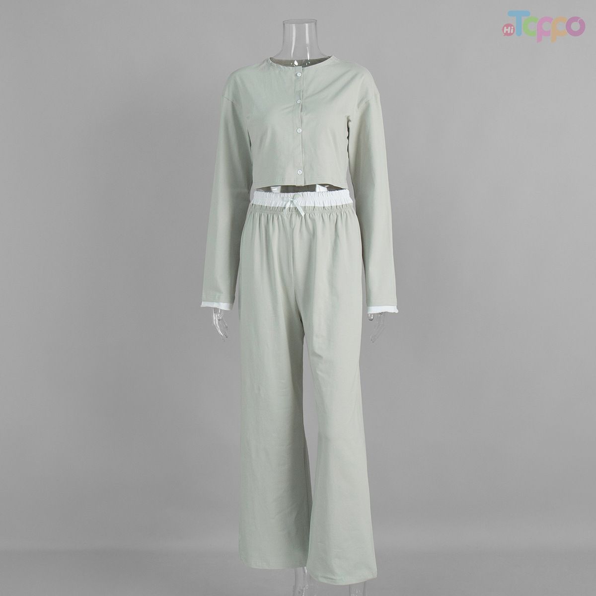 Light Gray Cropped Button-Front Contrast Trim Wide-Leg Two-Piece Set