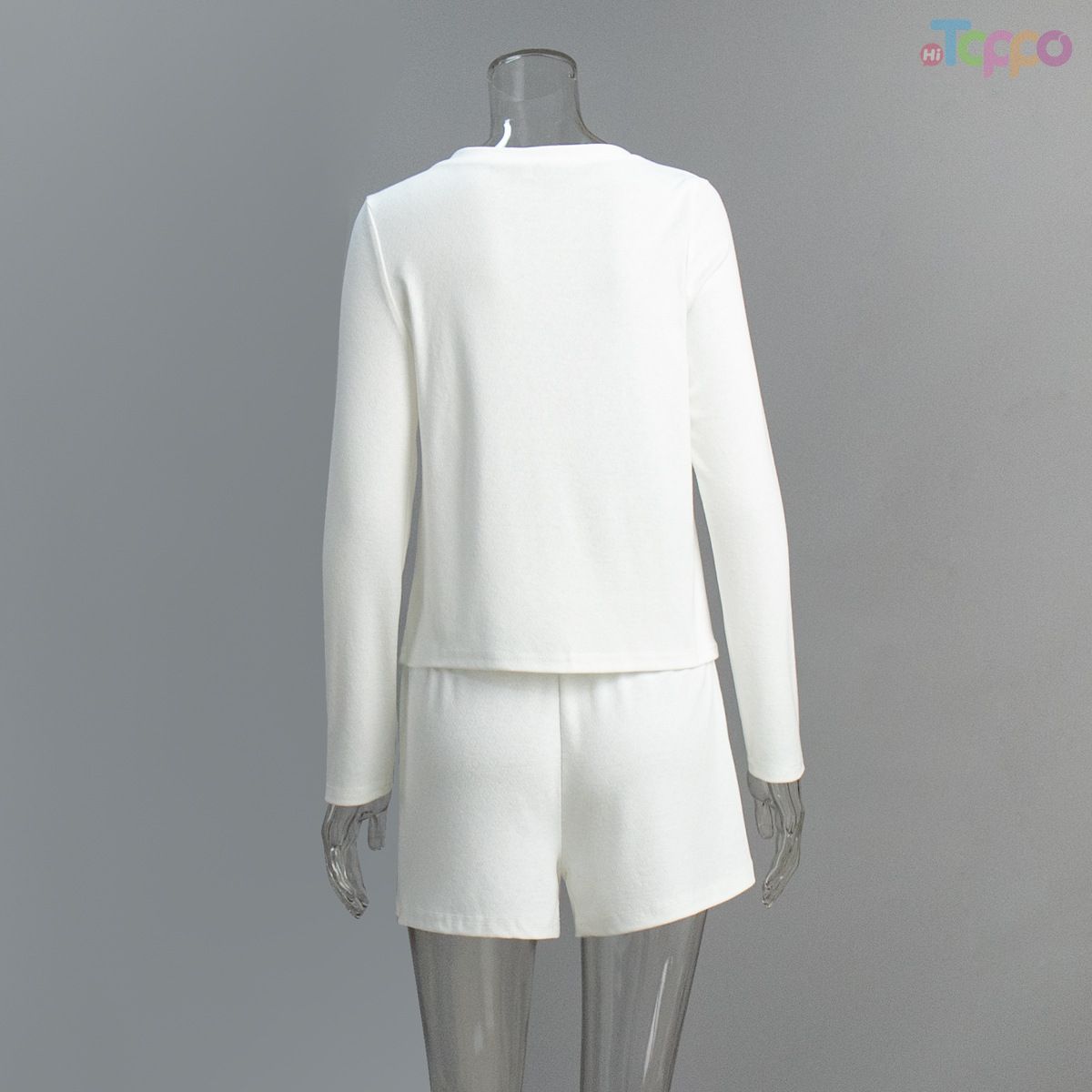 White Embossed Crew Neck Cardigan Shorts Two-Piece Set