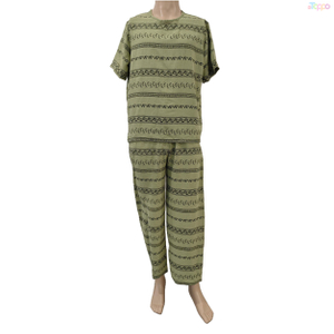 Olive Green Striped Short-Sleeve Two-Piece Casual Loungewear Set