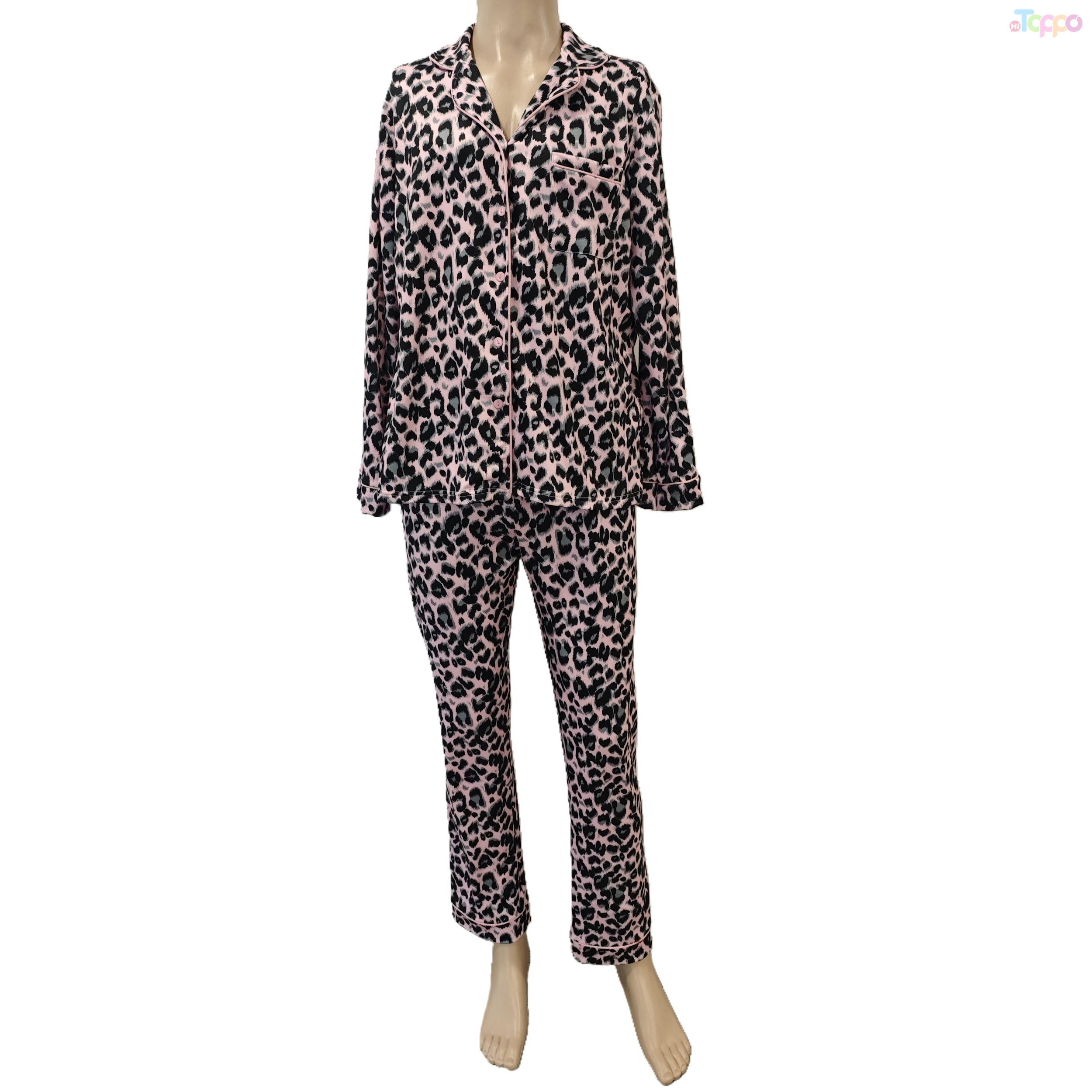 Chic Pink Leopard Print Long-Sleeve Cozy Pajama Set