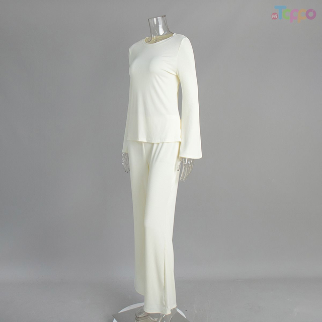 Minimalist Cream Ribbed Flare Loungewear Set