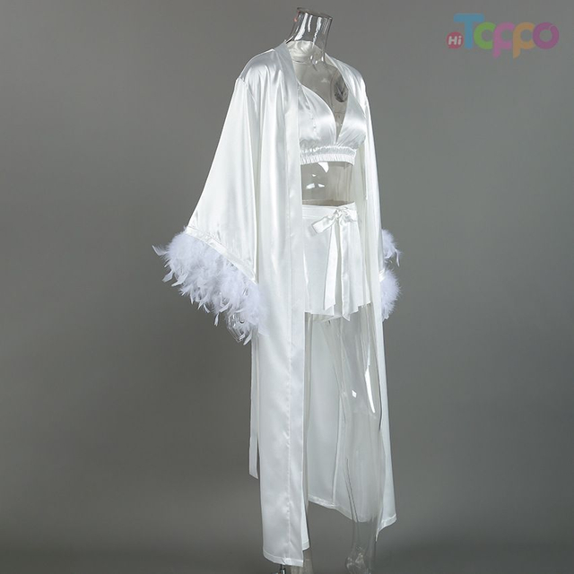 Bridal White Satin Feather Lingerie Three-Piece Set