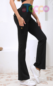 High Waist Yoga Cargo Leggings with Pocket Outdoor Workout Bell Bottom Sport Tights Casual Athletic 