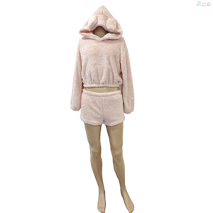 Women's Pink Fuzzy Hooded Set: Cute Ear Top & Shorts