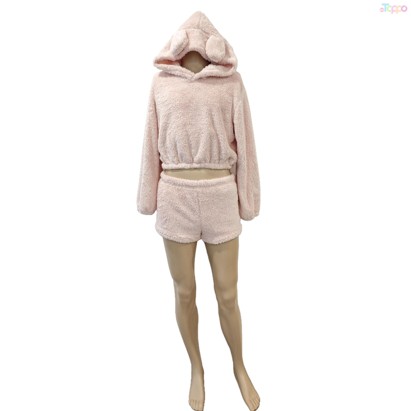 Women's Pink Fuzzy Hooded Set: Cute Ear Top & Shorts