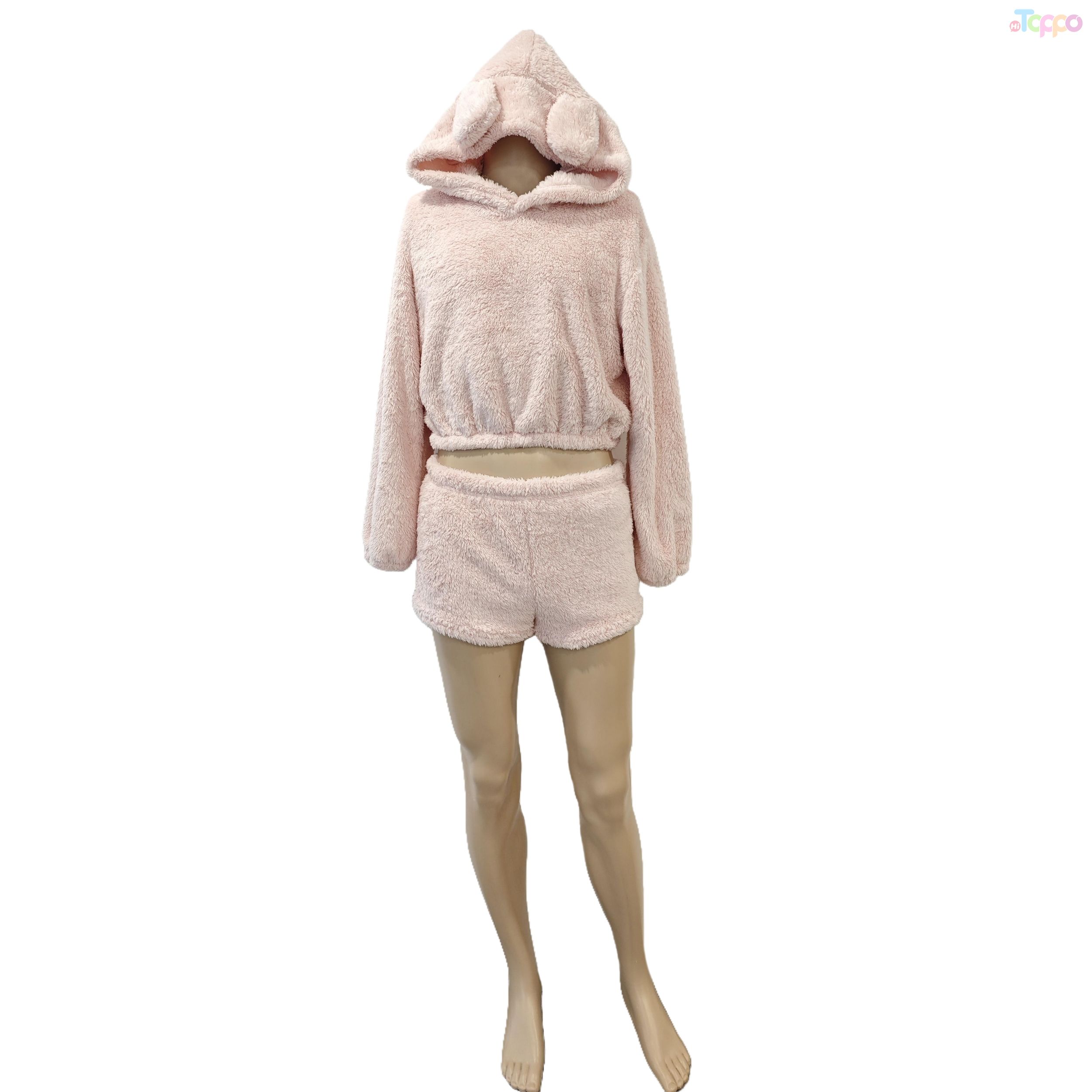 Women's Pink Fuzzy Hooded Set: Cute Ear Top & Shorts