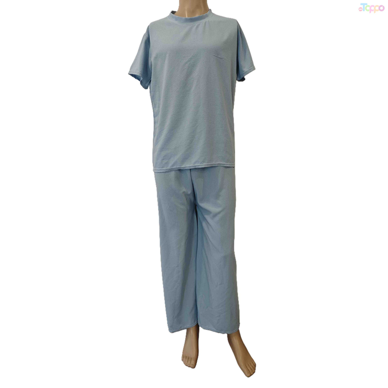 Light Blue Waffle-Knit Short-Sleeve Wide-Leg Loungewear Set