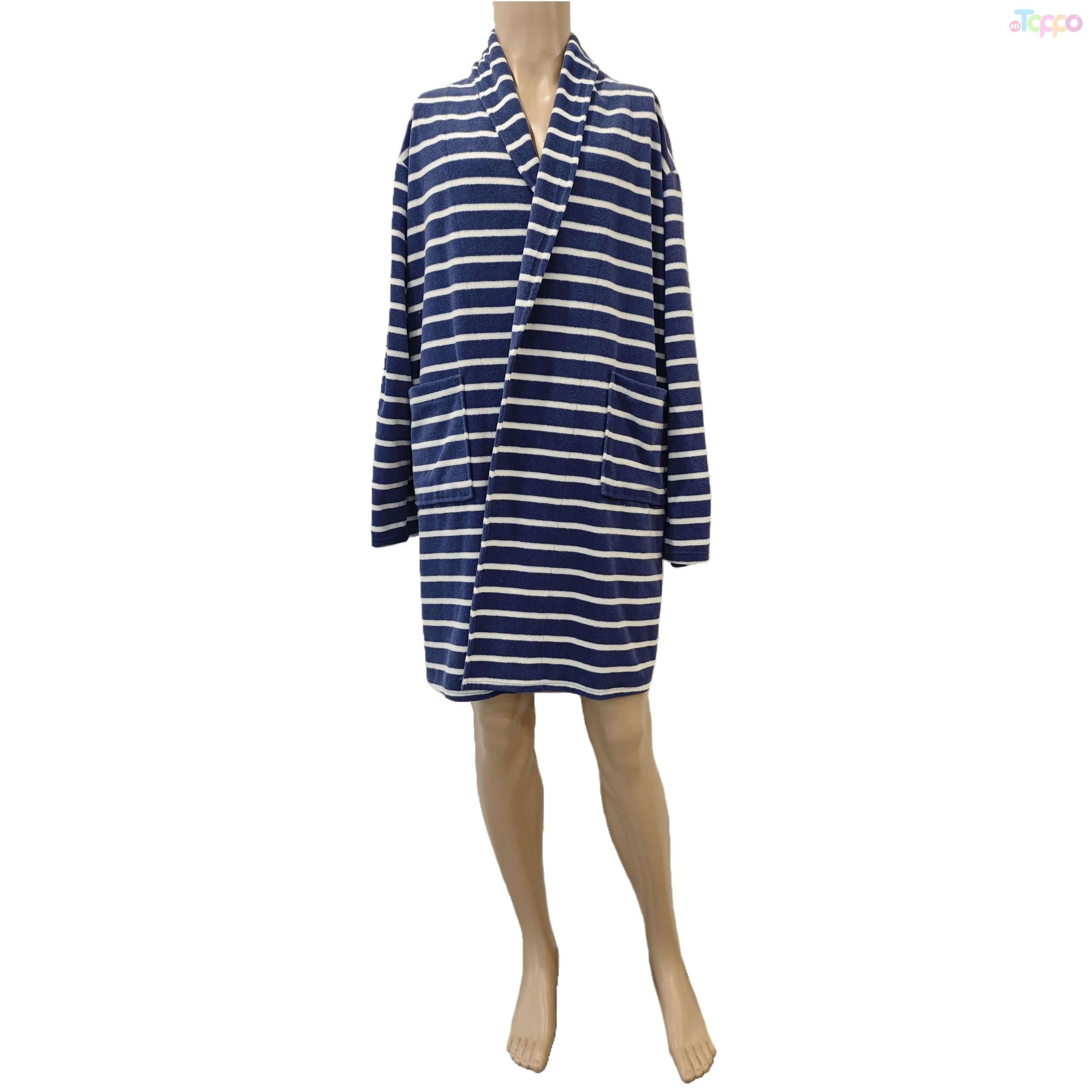 Women's Navy & White Striped Soft Kimono Robe with Pockets