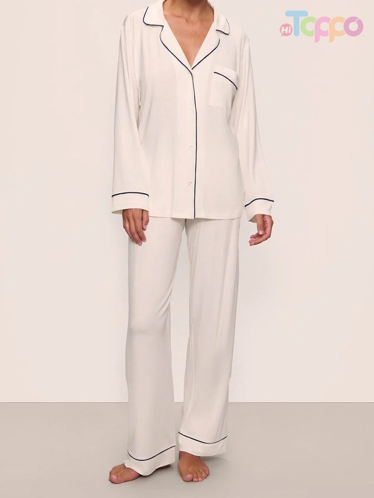 Olive Green Contrast Trim Collared Pajama Set