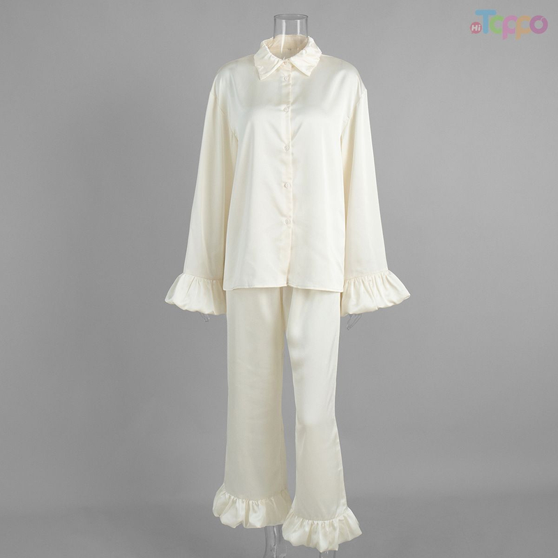 Satin Ruffled Collar Long-Sleeve Pajama Set - Elegant Cream Loungewear