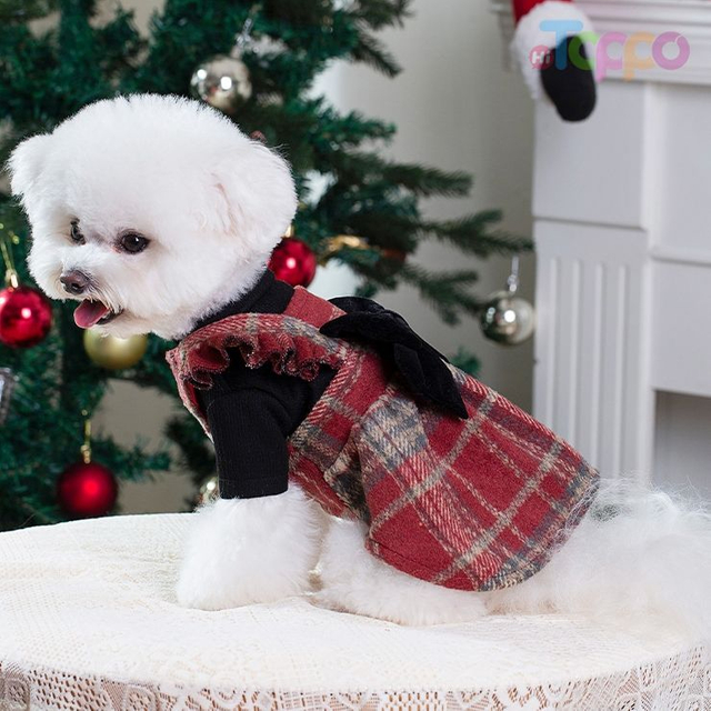 Red Plaid Ruffle Dog Dress with Black Bow & Sweater Set
