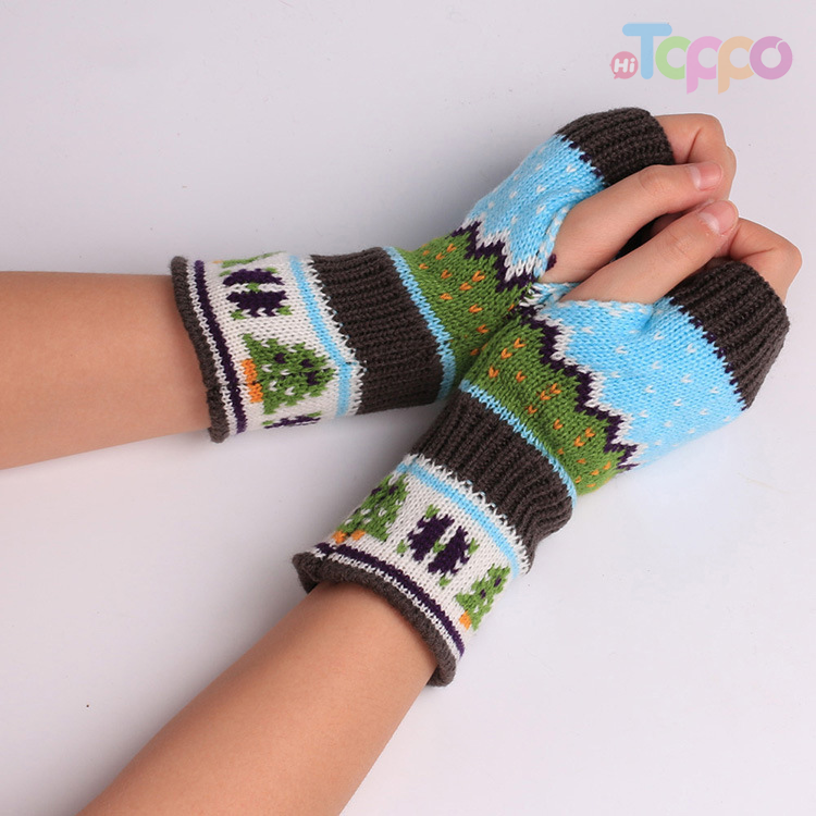 Christmas Tree gloves thickened wool bare finger knitted gloves