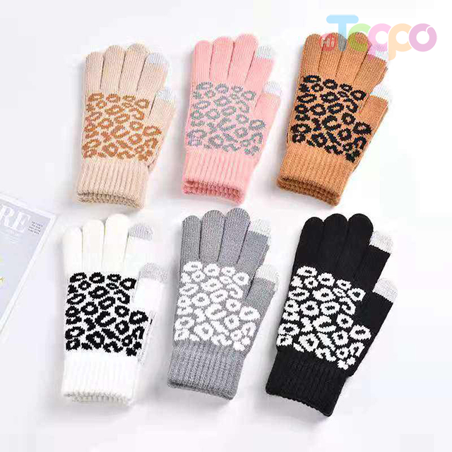 Acrylic Knitted Touch Screen Texting Gloves Fashion Leopard Jacquard Warm Winter Gloves
