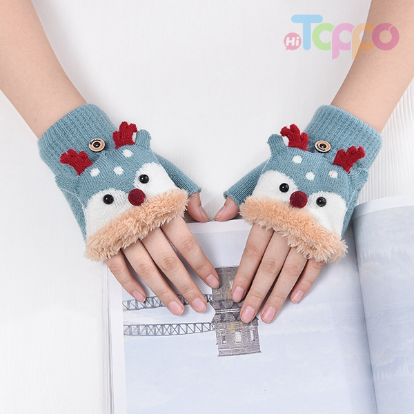 Knit Winter Thick Cute Cartoon Warm Children's Flip Gloves Beijirong Lining Fingerless Gloves