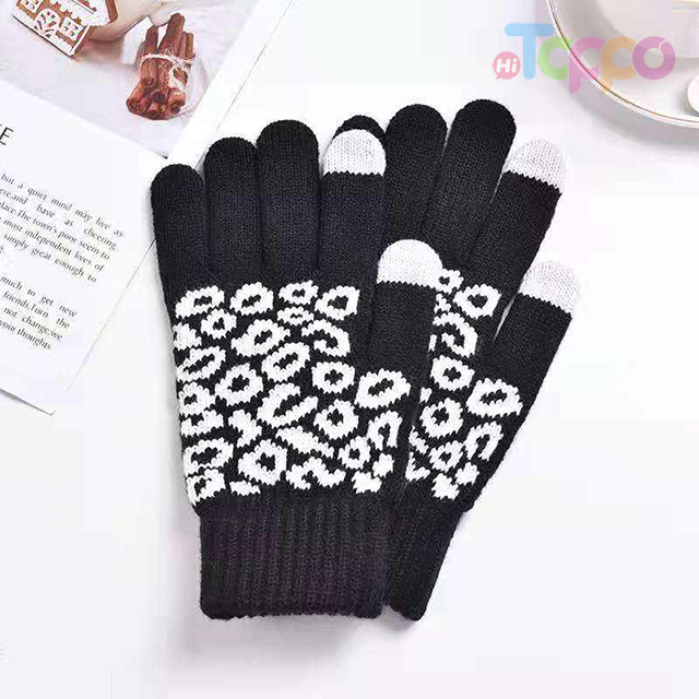 Acrylic Knitted Touch Screen Texting Gloves Fashion Leopard Jacquard Warm Winter Gloves