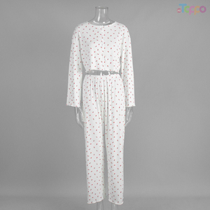 White Cherry Print Cropped Cardigan & Wide-Leg Loungewear Set