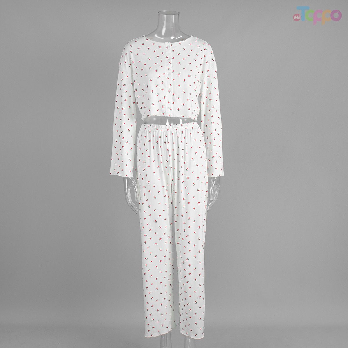 White Cherry Print Cropped Cardigan & Wide-Leg Loungewear Set