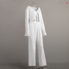 Chic White Long-Sleeve Tie-Front Cut-Out Wide-Leg Two-Piece Set