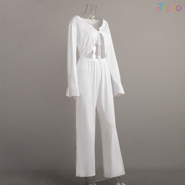 Chic White Long-Sleeve Tie-Front Cut-Out Wide-Leg Two-Piece Set