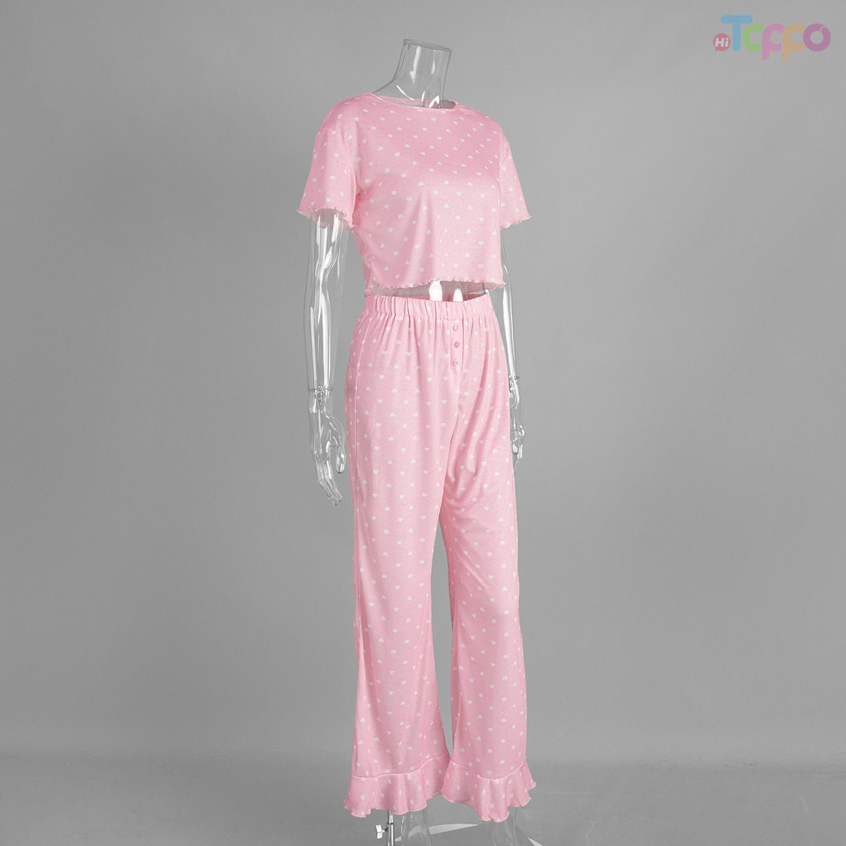 Pink Heart Print Crop Pajama Set with Ruffles