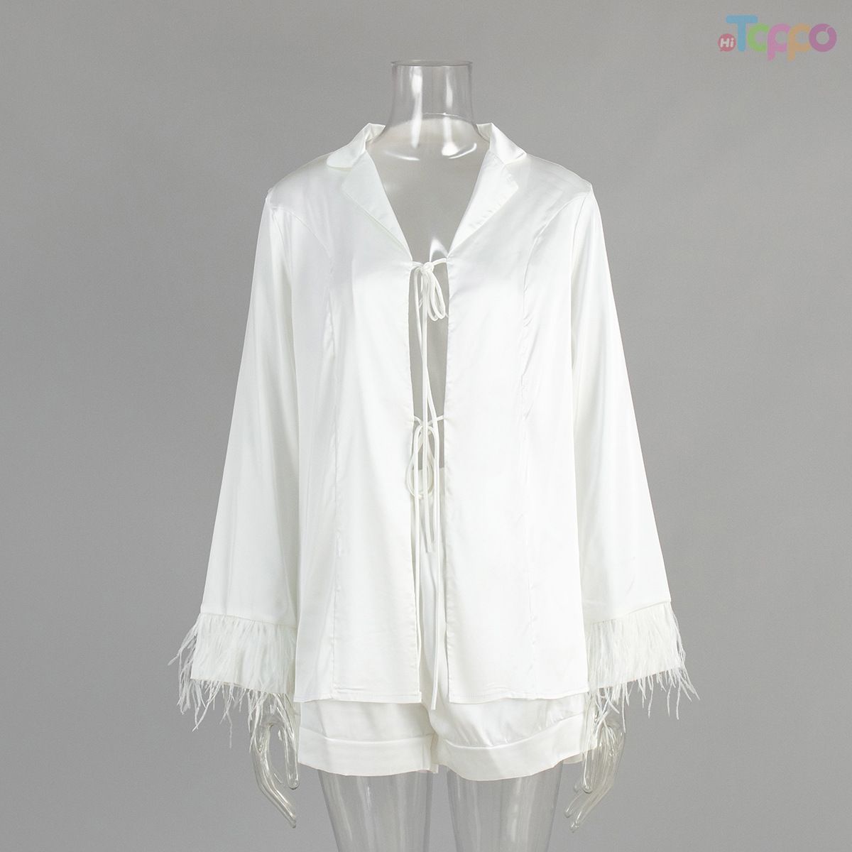 White Tie-Front Satin Pajama Set with Feathers