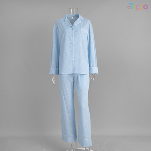 Light Blue Striped Long-Sleeve Pajama Set with Contrast Trim