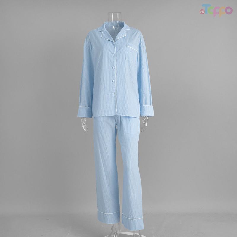 Light Blue Striped Long-Sleeve Pajama Set with Contrast Trim