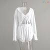Women's White Long-Sleeve Tie-Front Cutout Shorts Lounge Set